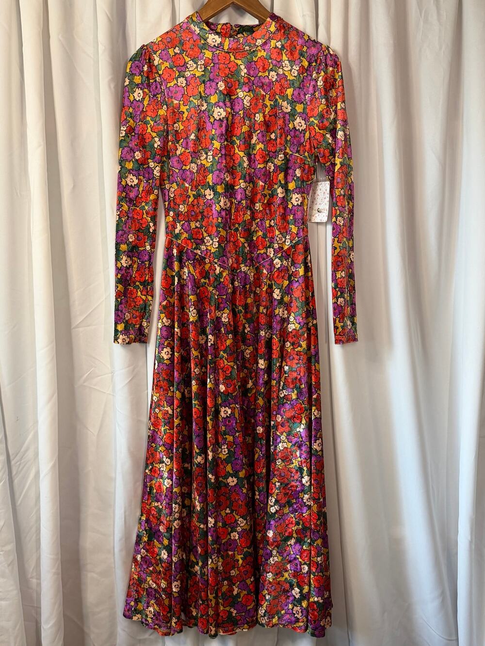 Free People Golden Glow Velvet Floral Open Back Maxi Dress Size S NWT 70’s Boho
